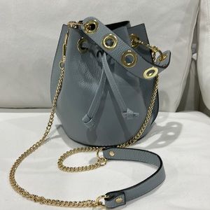 Bucket bag, crossbody, handbag, drawstring, genuine leather, dusty blue NWOT